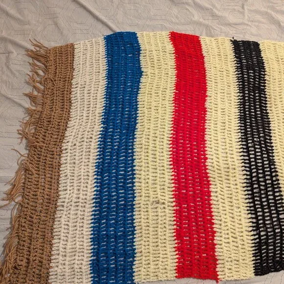 Handmade Crochet Blanket Striped Cream Tan Blue Red and Pink with Fringe Grandma - Picture 10 of 15